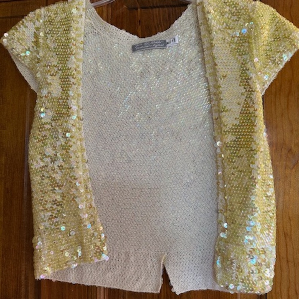 Stunning lime genuine sequin on 100% cashmere off the shoulder vest